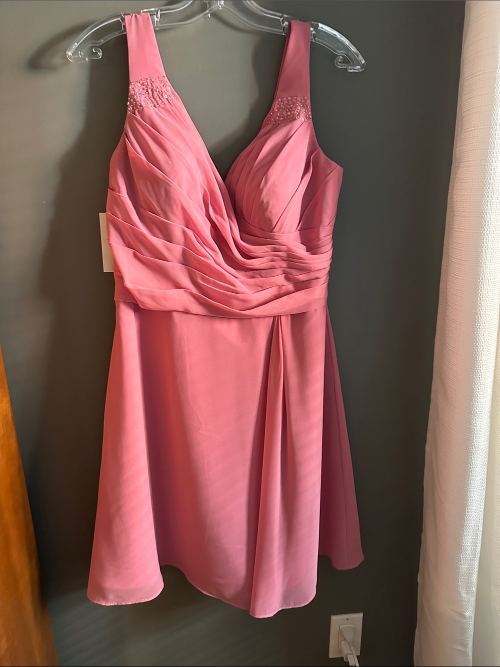 Sleeveless Rose-Pink Midi Dress with Ruched Bodice and Beaded Straps
